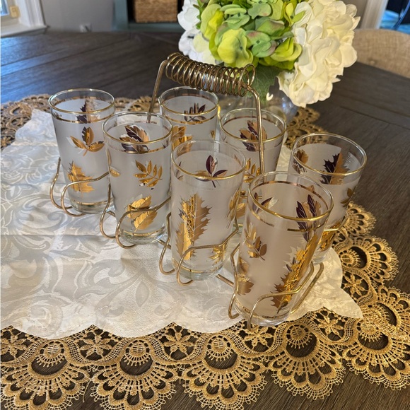 MCM Libbey Frosted Gold Leaf Highball Glasses Set with Metal Carrier - Picture 2 of 5